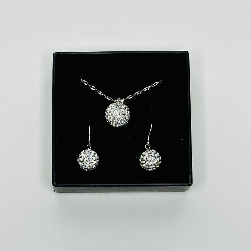 NWT Crystalline Azuria 925 Silver Necklace & Earrings Disco Ball Dangle Shamball